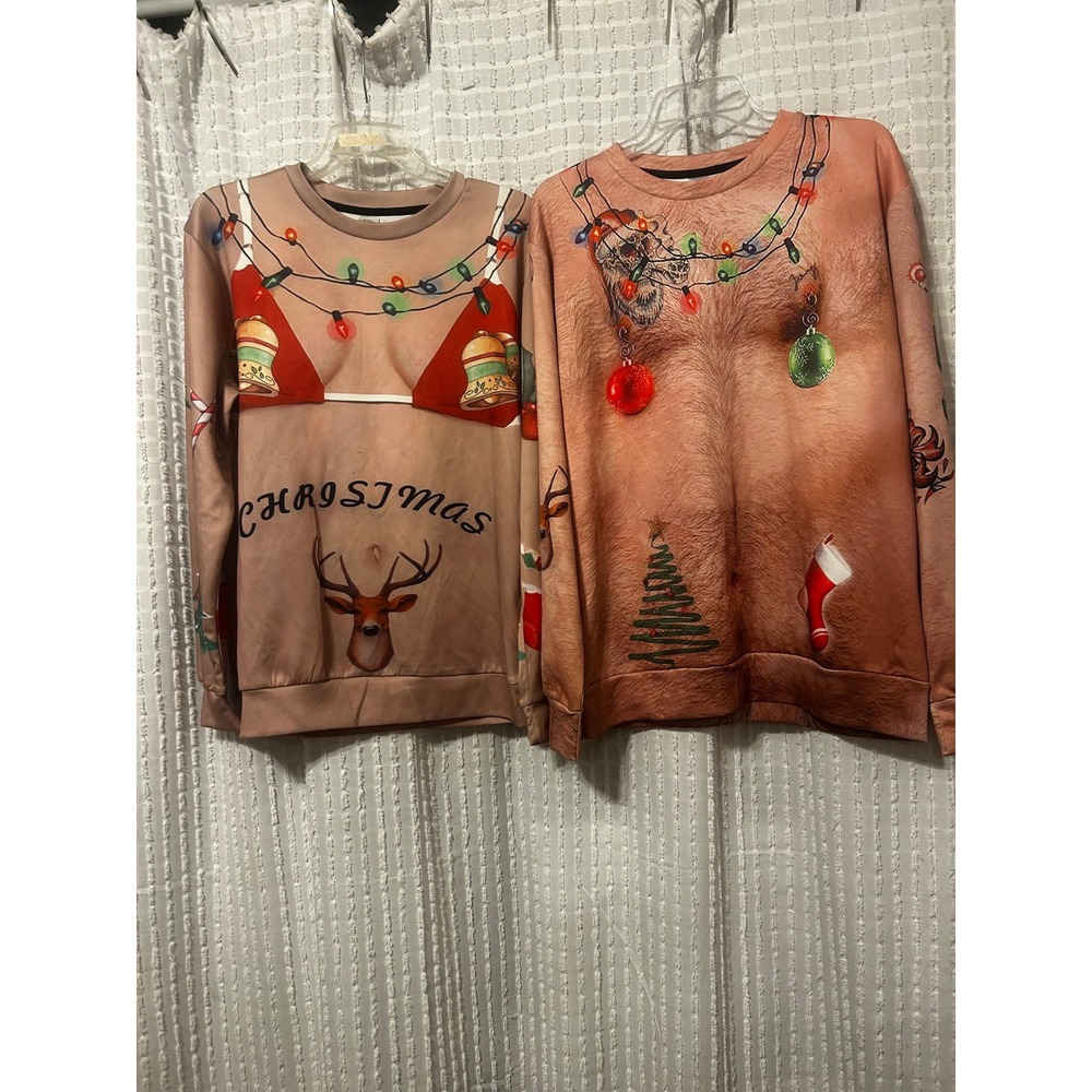 Ugly Christmas Sweater Lot 2pc Hairy Chest Bikini Graphic Pullover Mens Womens M
